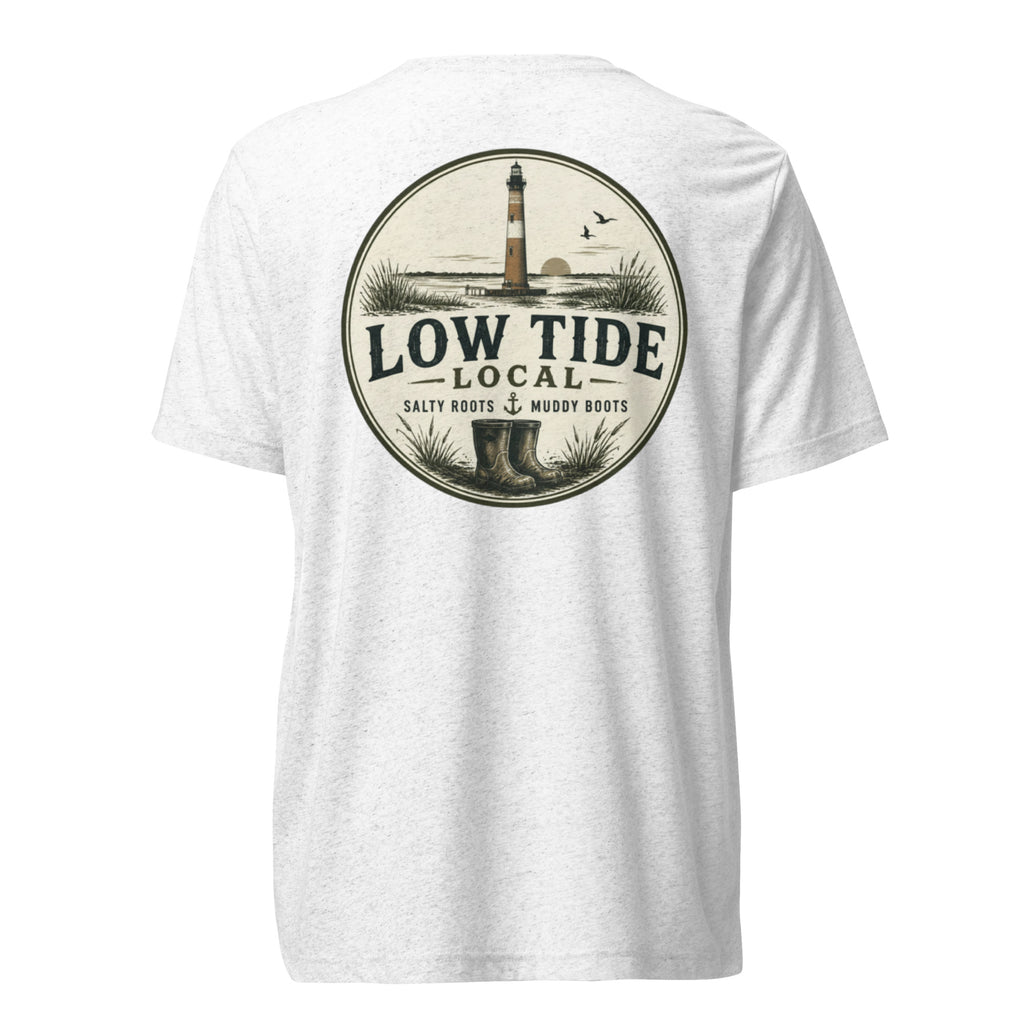 Morris Island Lighthouse Tee in Solid White triblend — back view