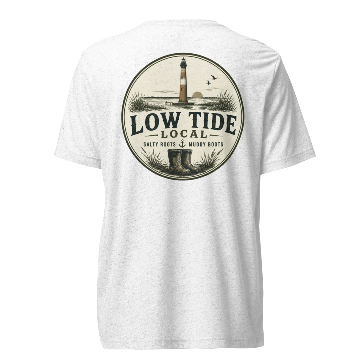 Morris Island Lighthouse Tee in Solid White triblend — back view