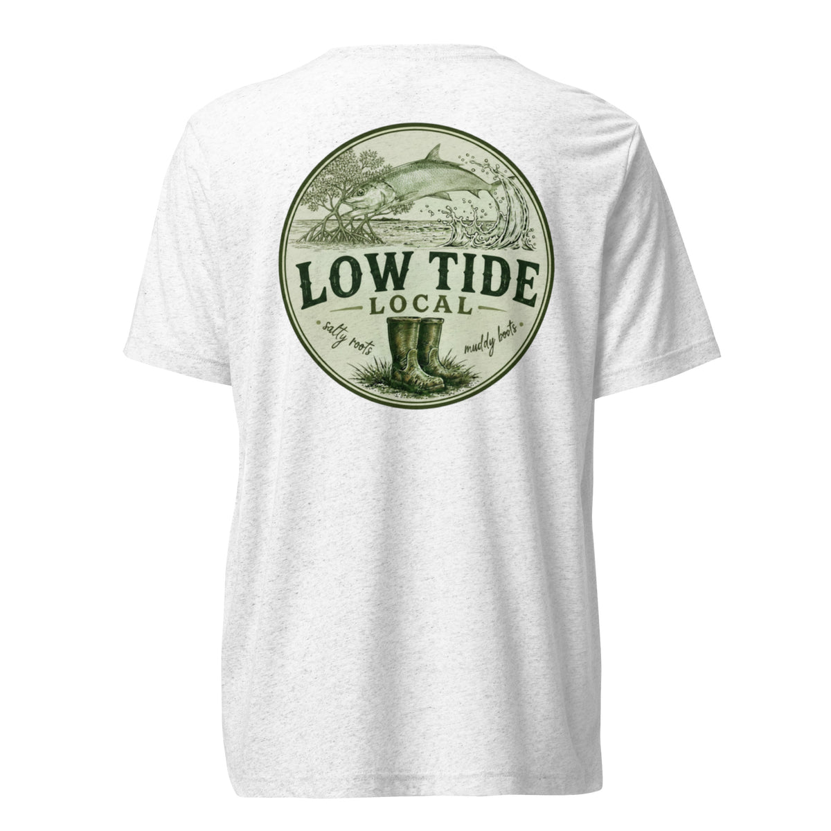 Low Tide Local Silver King Tee in Solid White triblend — back view