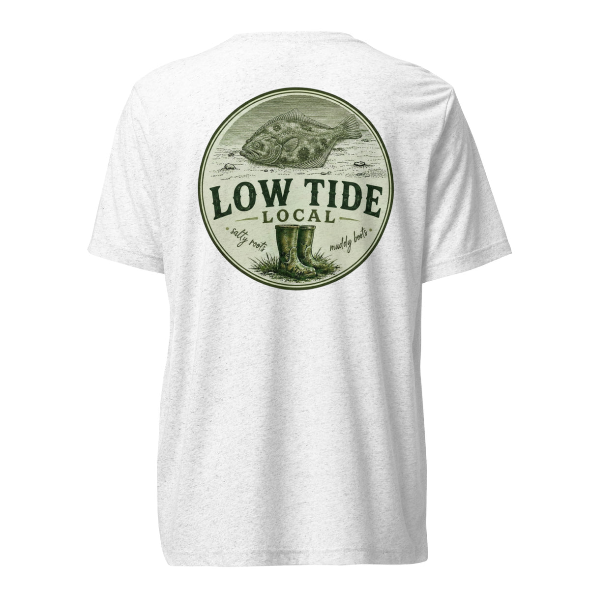 Low Tide Local Coastal Flounder Tee in Solid White triblend — back view