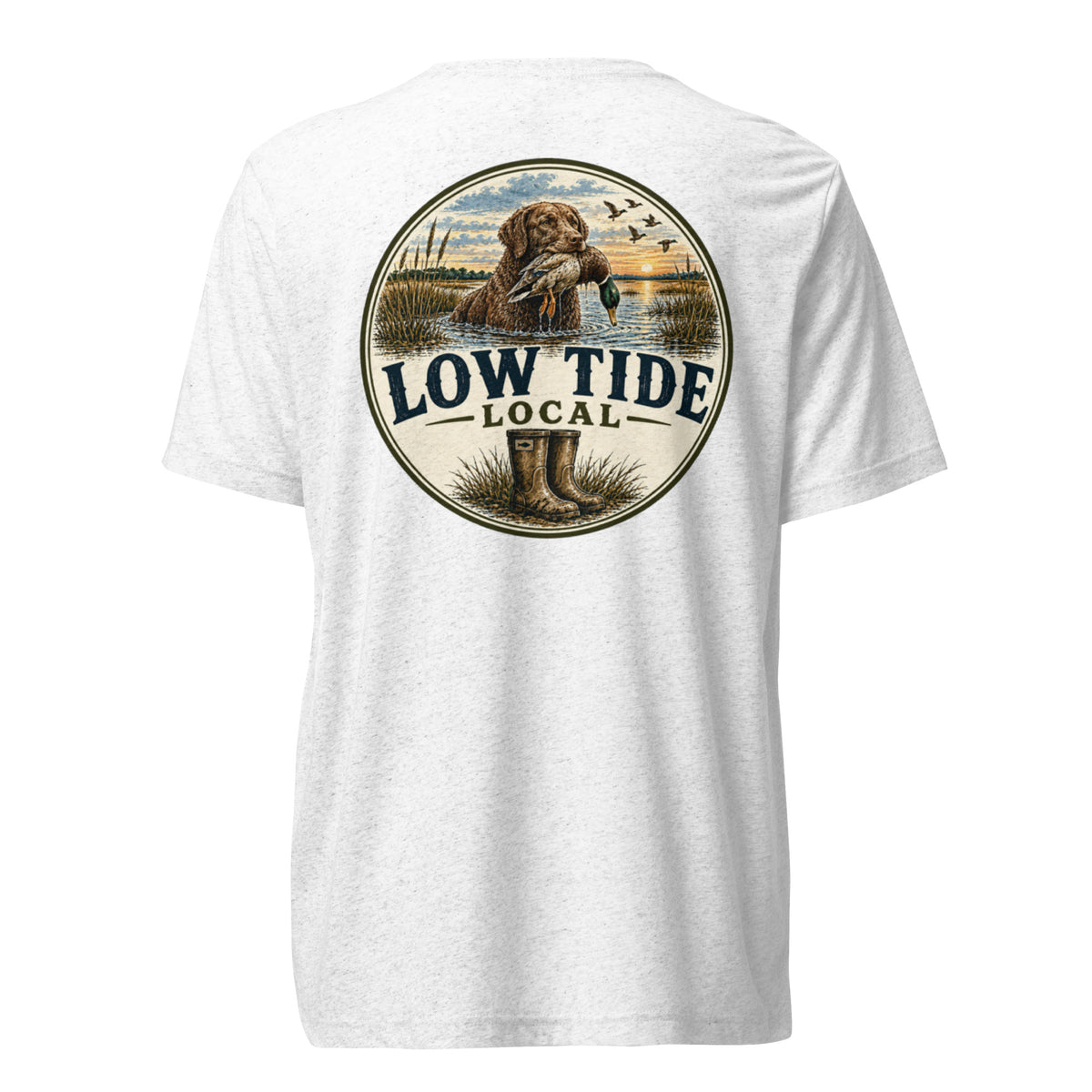 Low Tide Local Boykin Watch Tee in Solid White triblend — back view