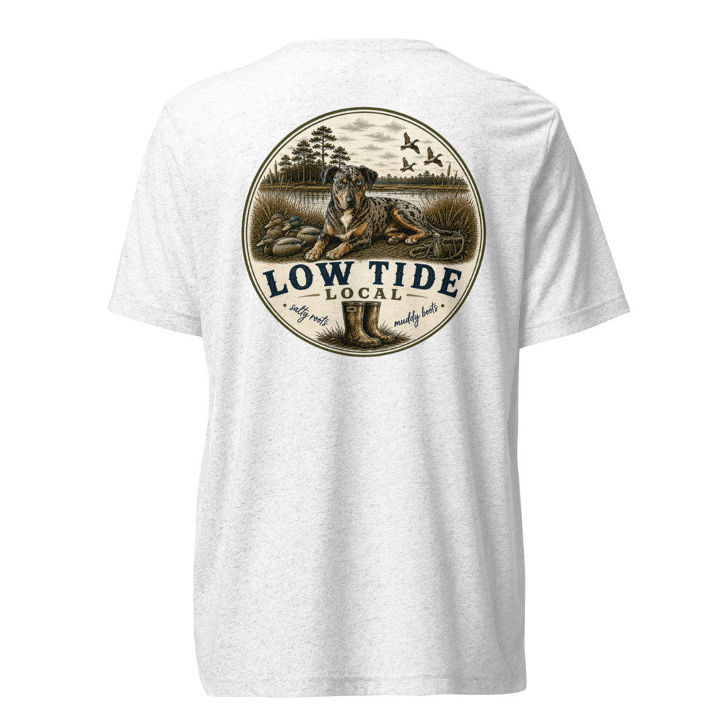 Low Tide Local Catahoula Tee in Solid White triblend — back view