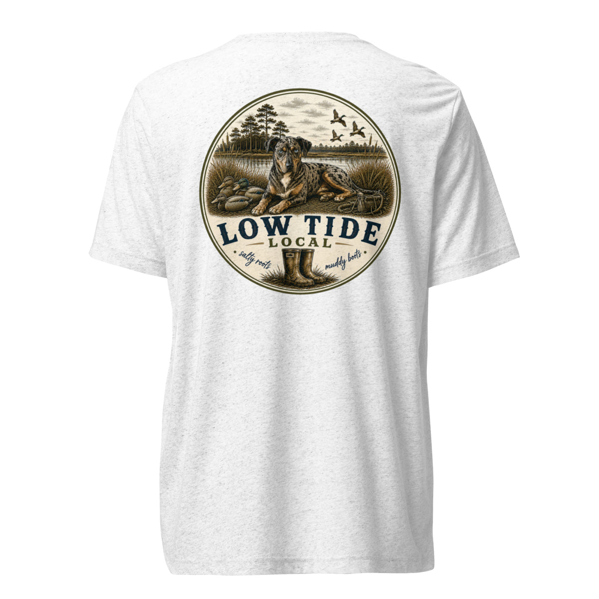 Low Tide Local Catahoula Tee in Solid White triblend — back view