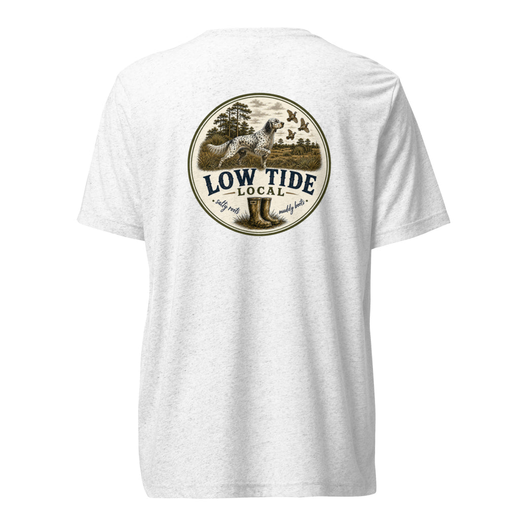 Low Tide Local Setter's Stand Tee in Solid White triblend — back view