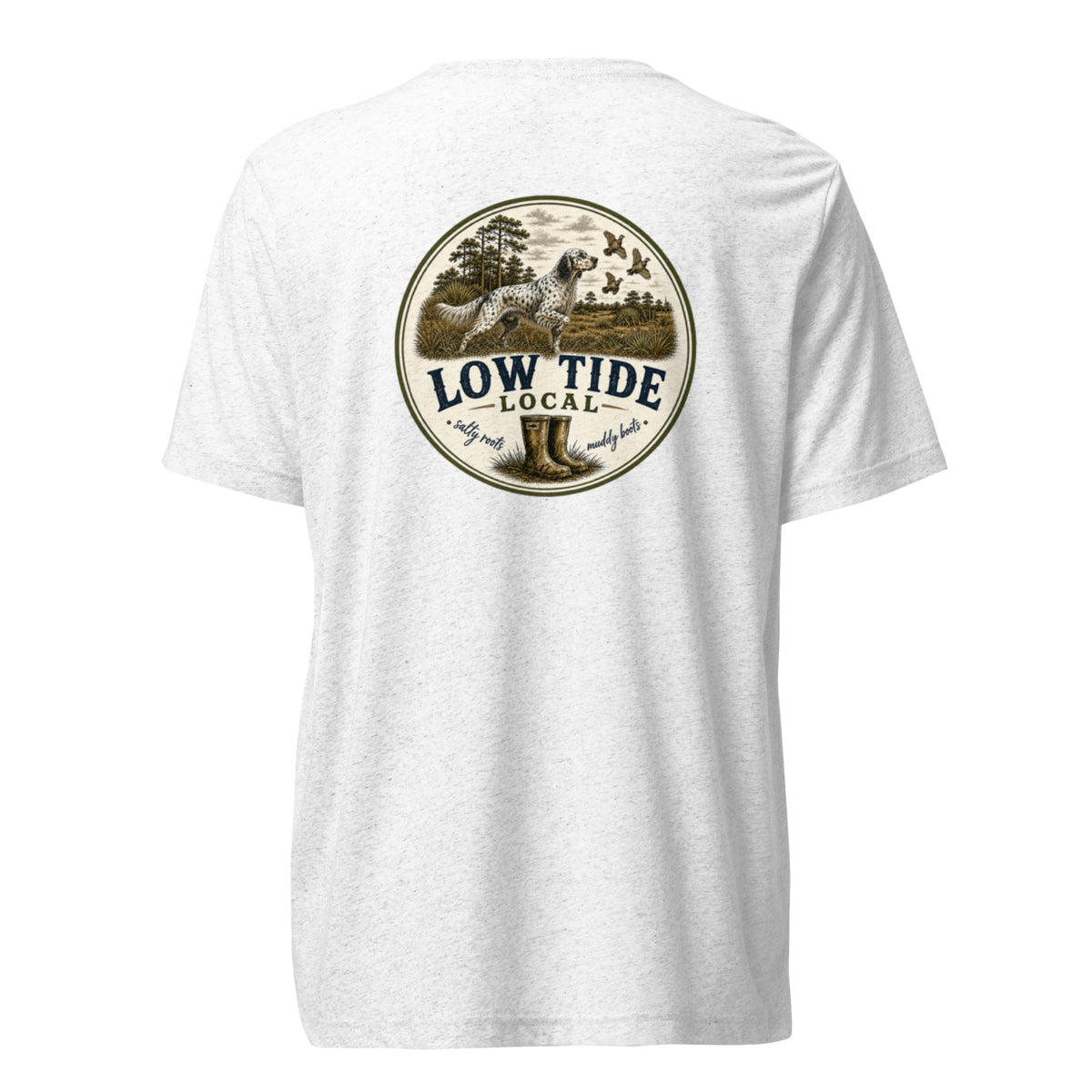 Low Tide Local Setter's Stand Tee in Solid White triblend — back view