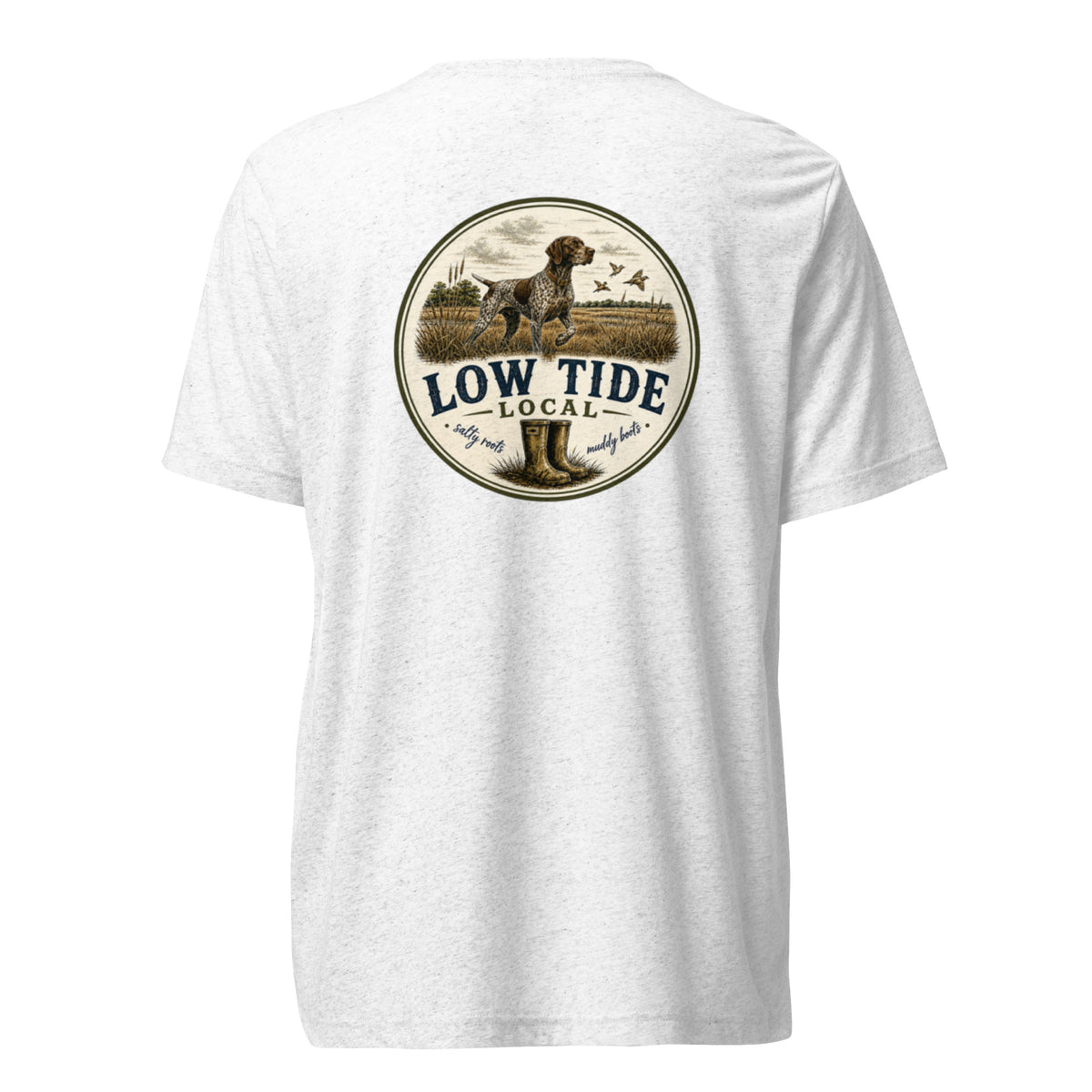 Low Tide Local Shorthair Pointer Tee in Solid White triblend — back view