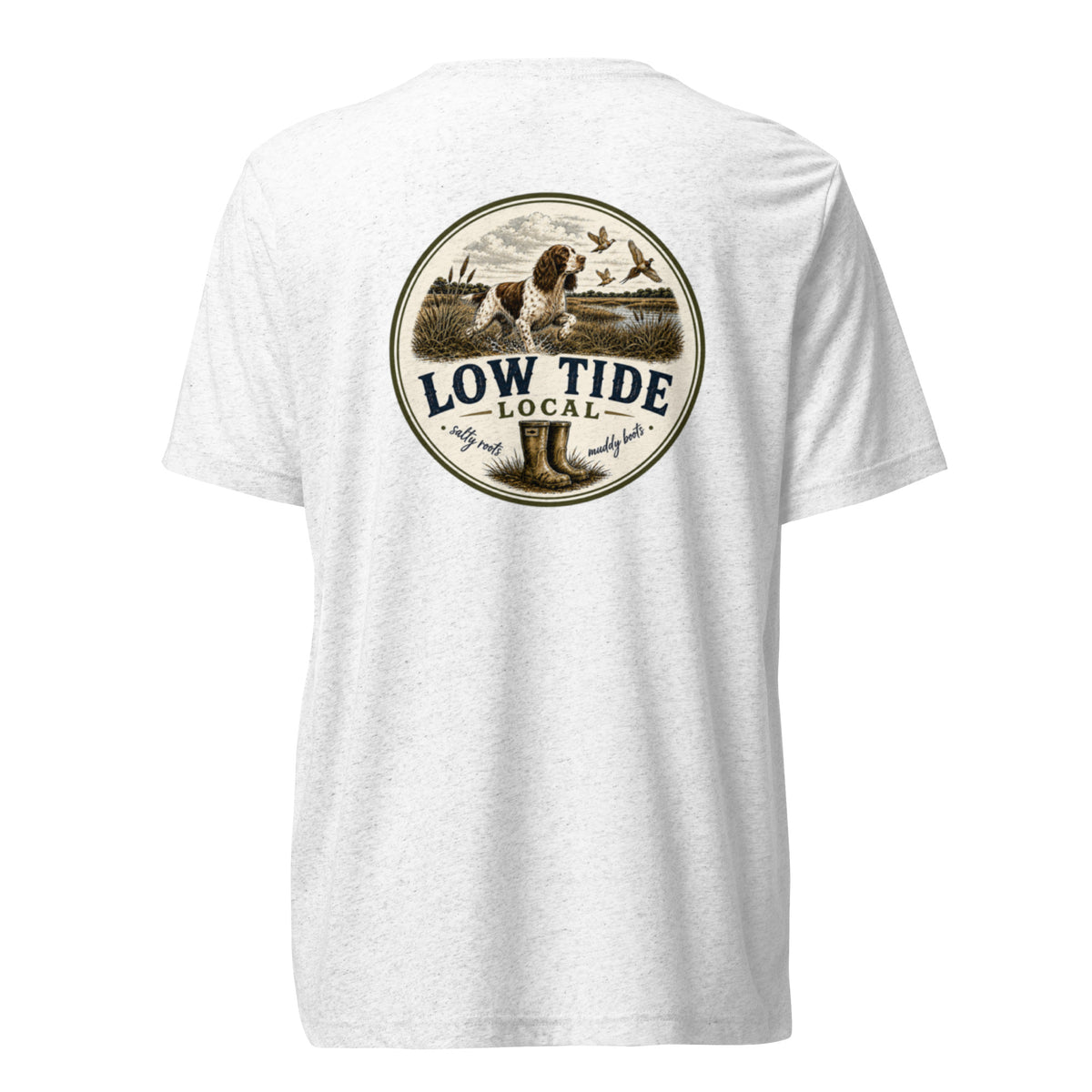 Low Tide Local Springer Flush Tee in Solid White triblend — back view