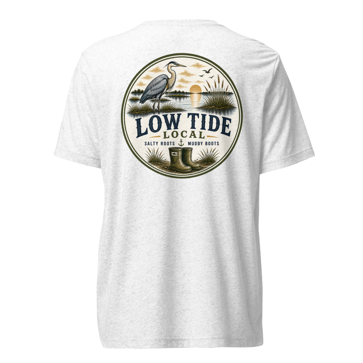 Low Tide Local Heron Tee in Solid White triblend — back view