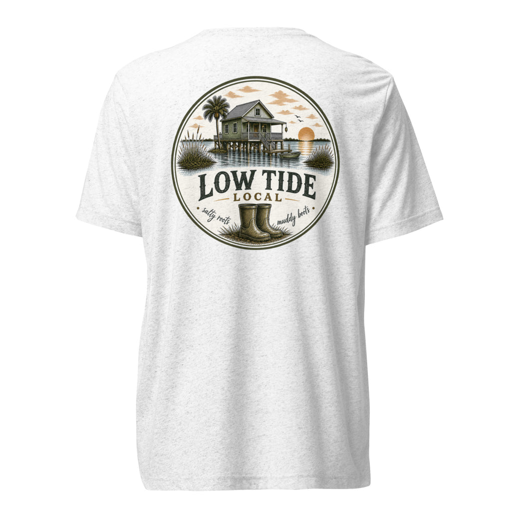 Low Tide Local Fish Camp Tee in Solid White triblend — back view