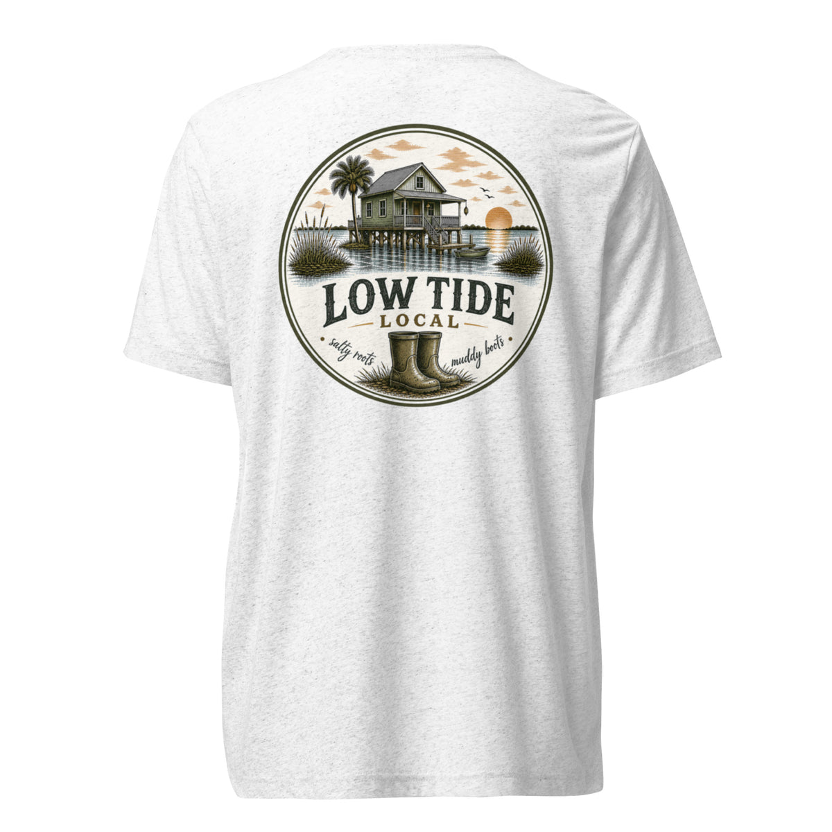 Low Tide Local Fish Camp Tee in Solid White triblend — back view