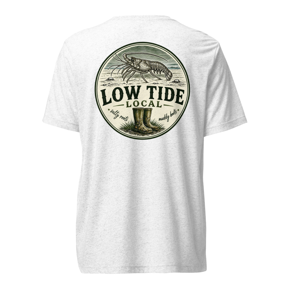 Low Tide Local Spiny Lobster Tee in Solid White triblend — back view