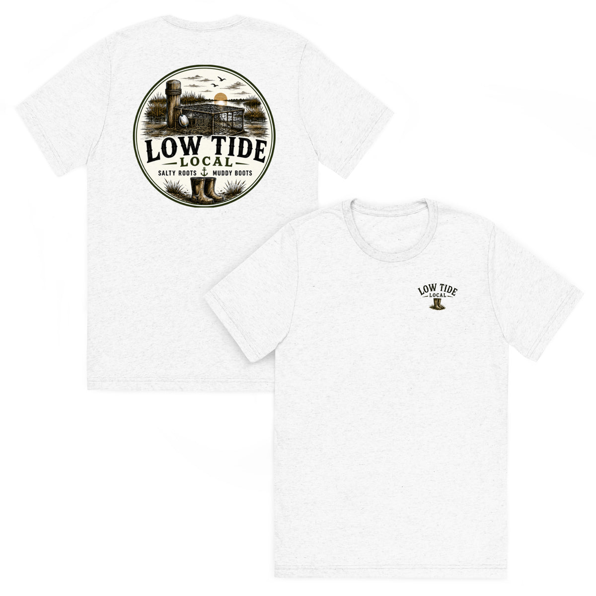 The Low Tide Local Crab Trap Tee in Solid White triblend — front and back view