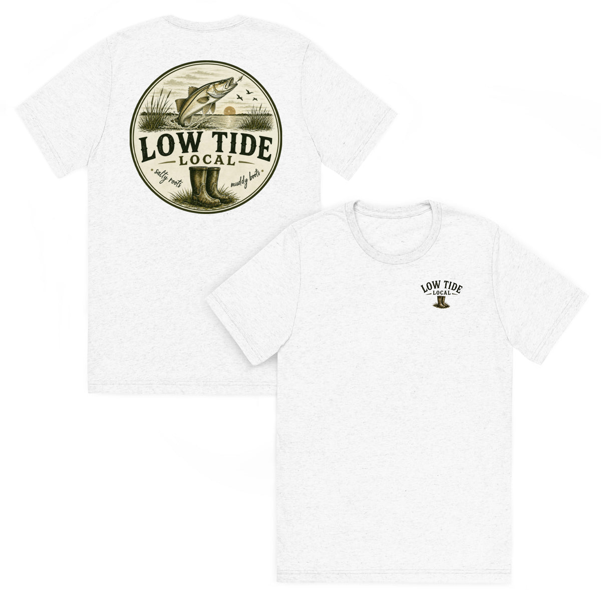 Low Tide Local Snook Strike Tee in Solid White triblend — front and back view
