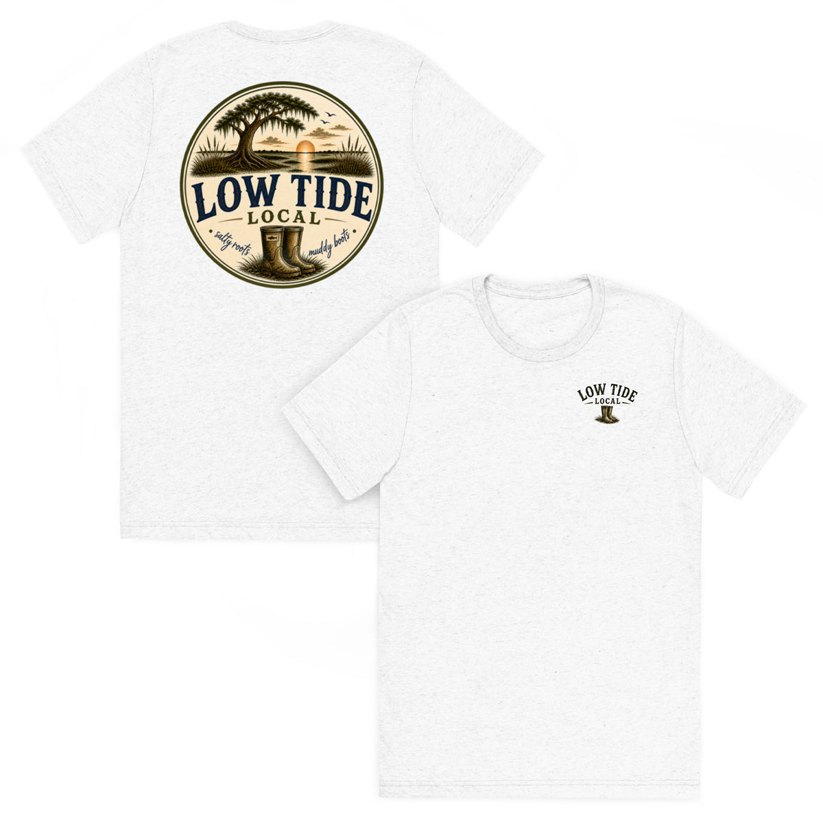 Low Tide Local Live Oak Marsh Tee in Solid White triblend — front and back view