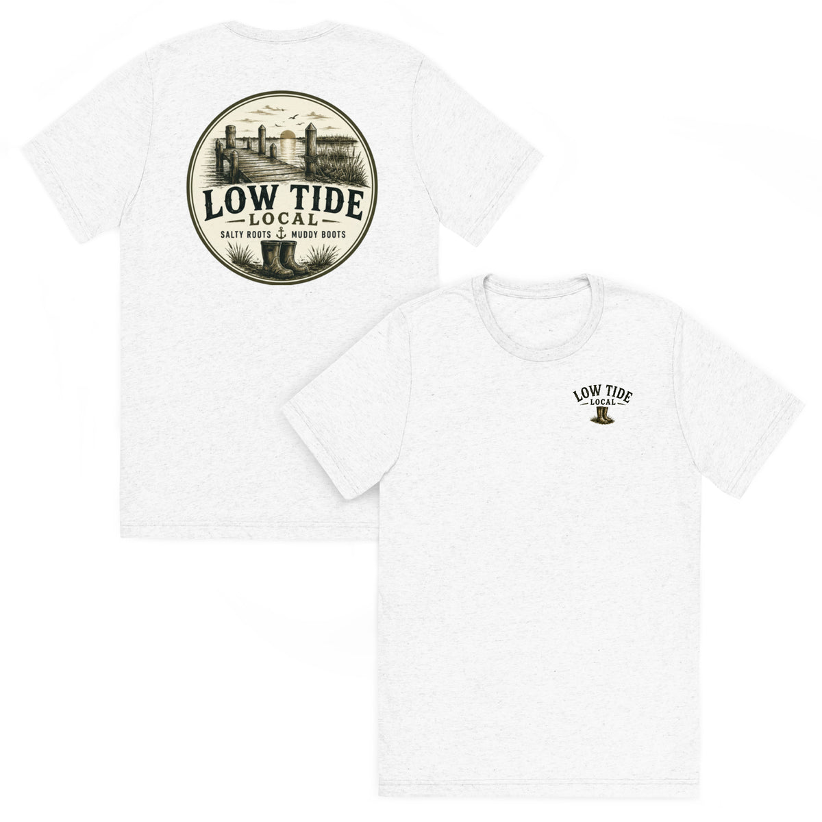 Low Tide Local Marsh Pointer Tee in Solid White triblend — front and back view