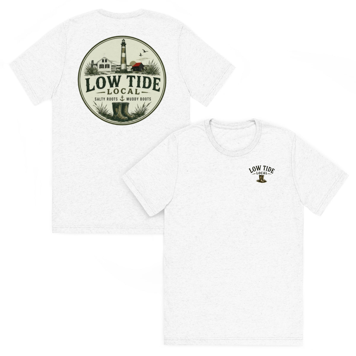 Tybee Island Lighthouse Tee in Solid White triblend — front and back view