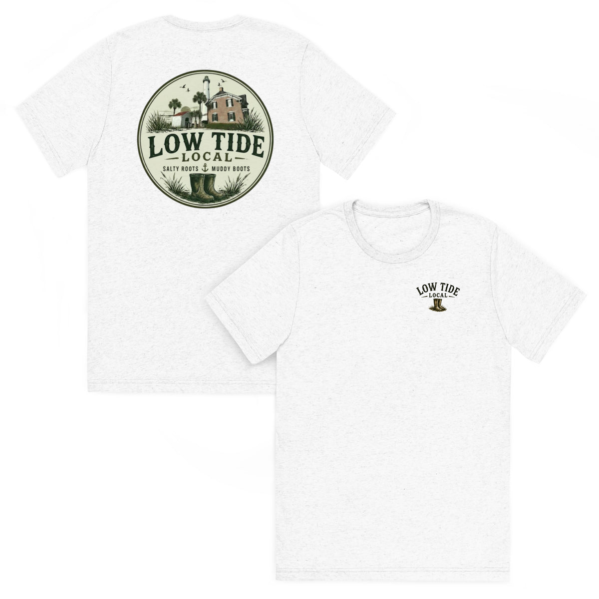 St. Simons Island Lighthouse Tee in Solid White triblend — front and back view