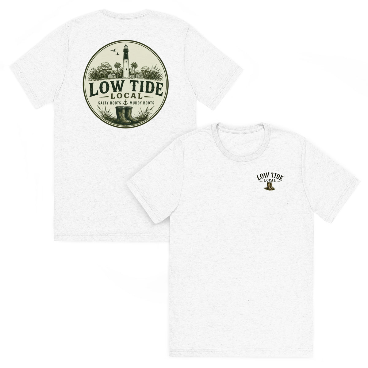 Hunting Island Lighthouse Tee in Solid White triblend — front and back view
