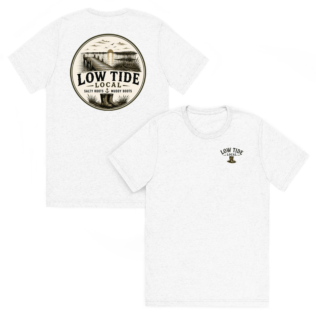 Low Tide Local Marsh Dock Tee in Solid White triblend — front and back view