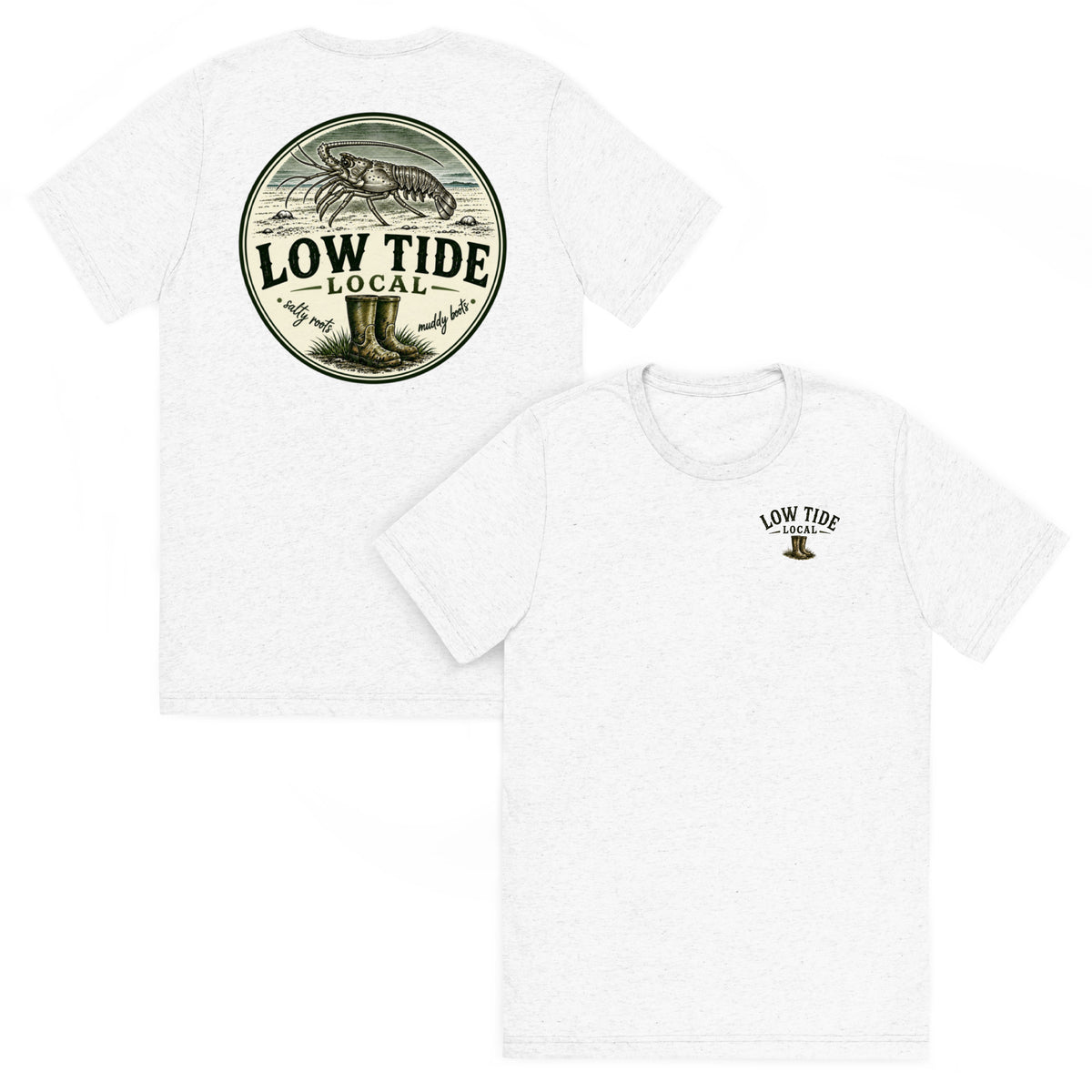 Low Tide Local Spiny Lobster Tee in Solid White triblend — front and back view
