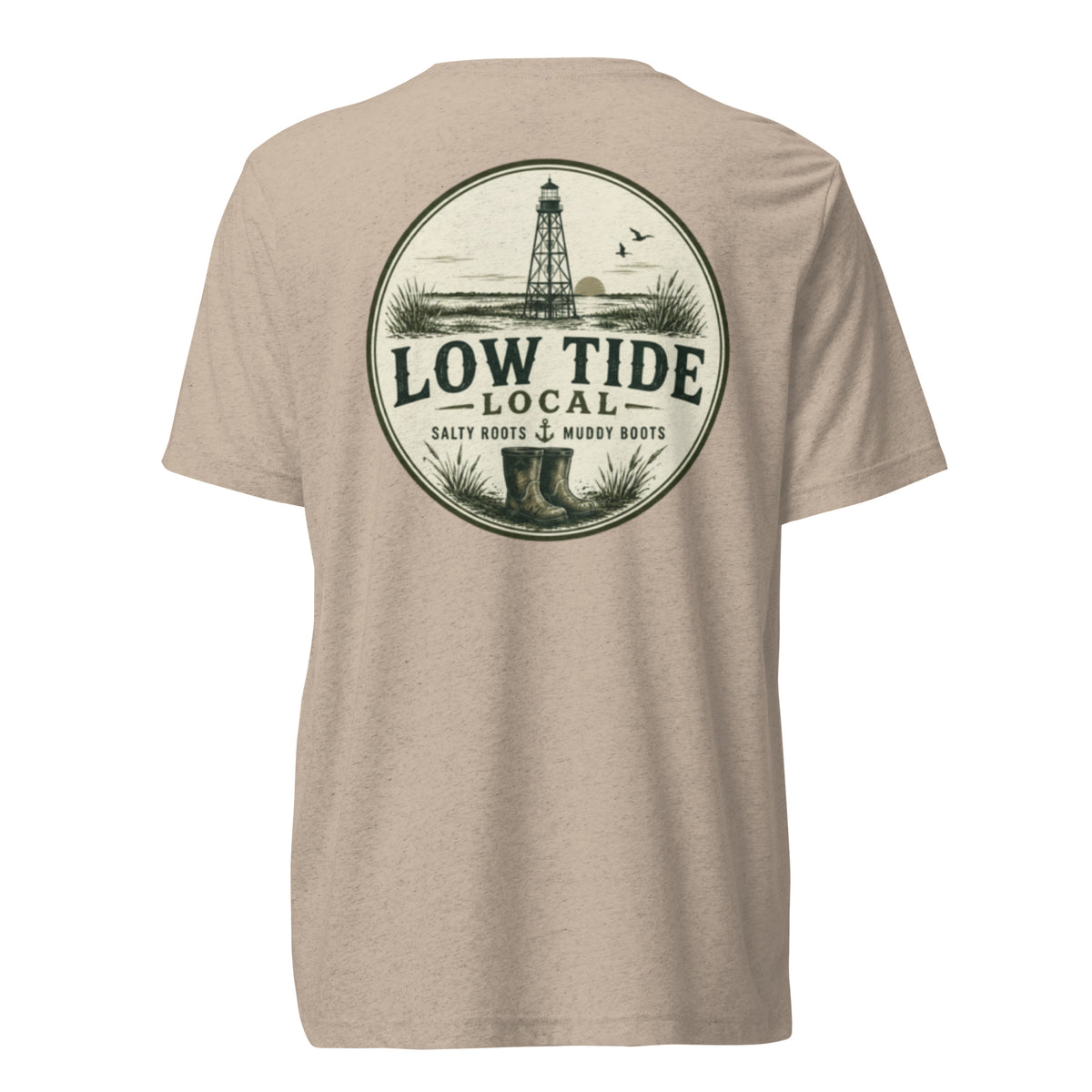 Alligator Reef Lighthouse Tee in Tan triblend — back view