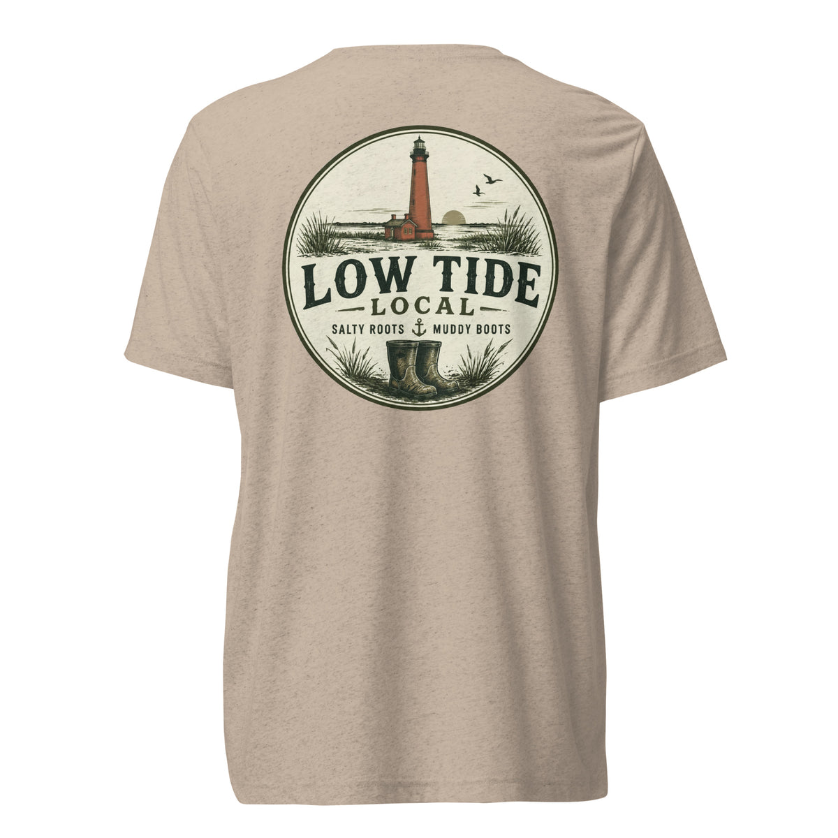 Currituck Beach Lighthouse Tee in Tan triblend — back view
