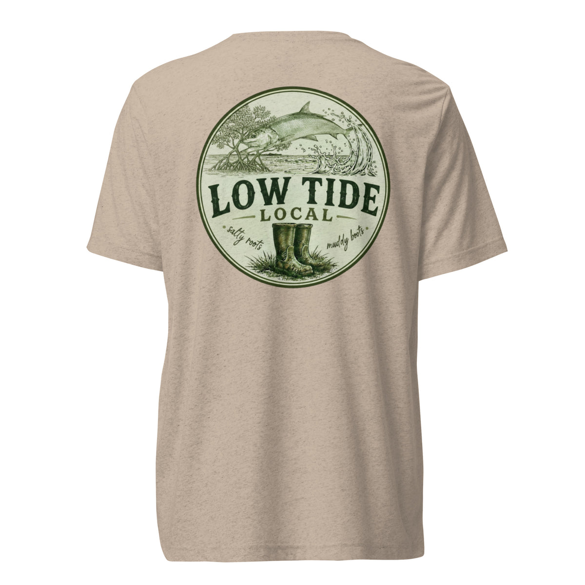 Low Tide Local Silver King Tee in Tan triblend — back view