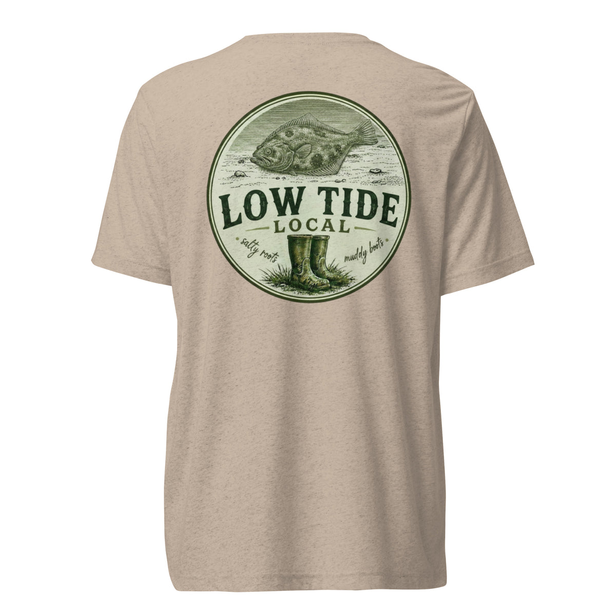 Low Tide Local Coastal Flounder Tee in Tan triblend — back view
