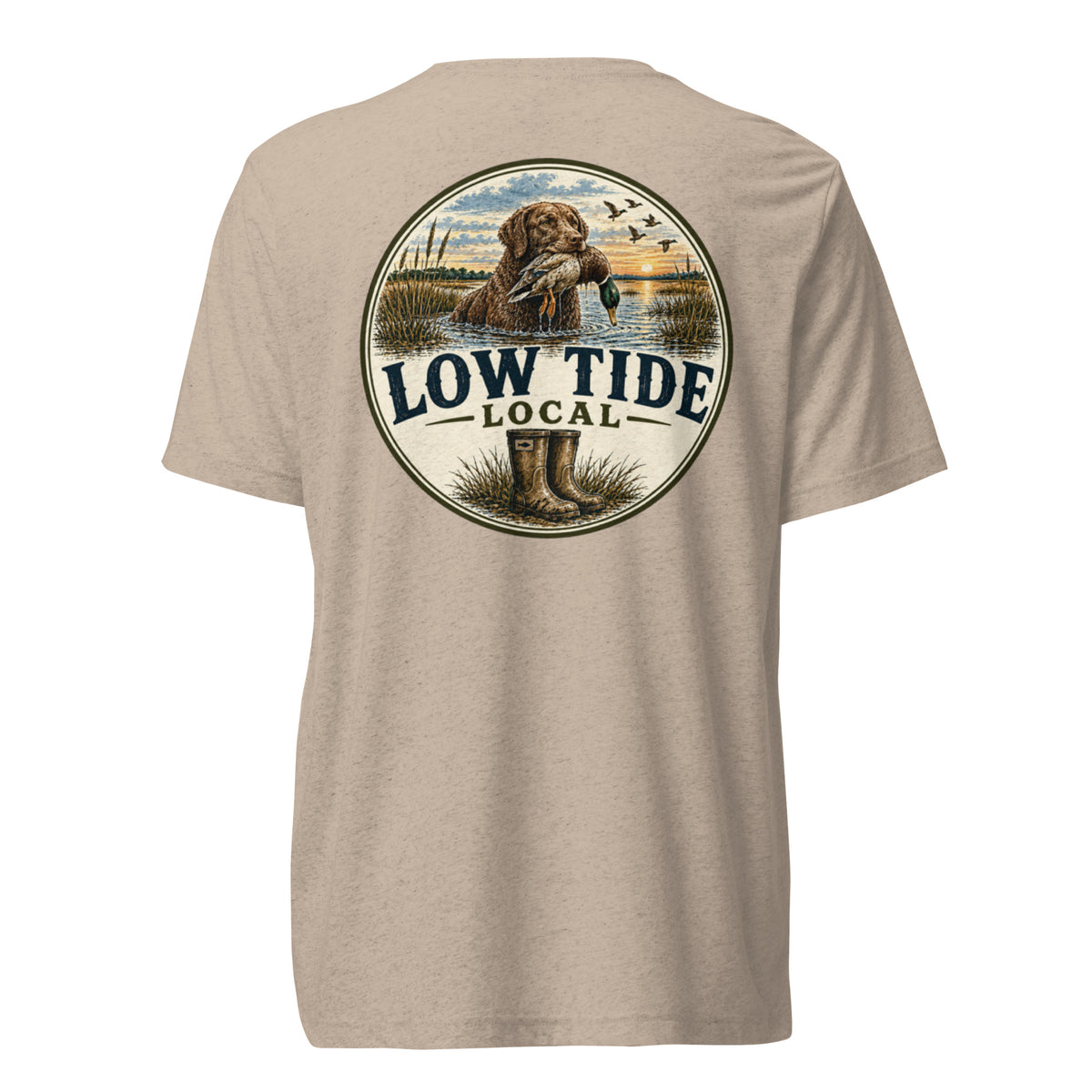 Low Tide Local Boykin Watch Tee in Tan triblend — back view