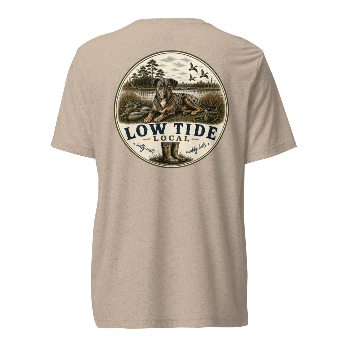 Low Tide Local Catahoula Tee in Tan triblend — back view