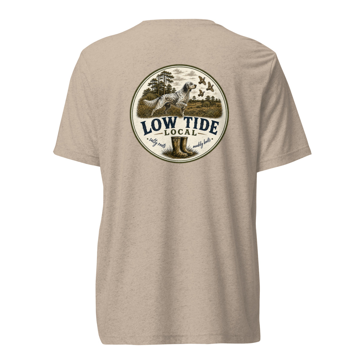 Low Tide Local Setter's Stand Tee in Tan triblend — back view