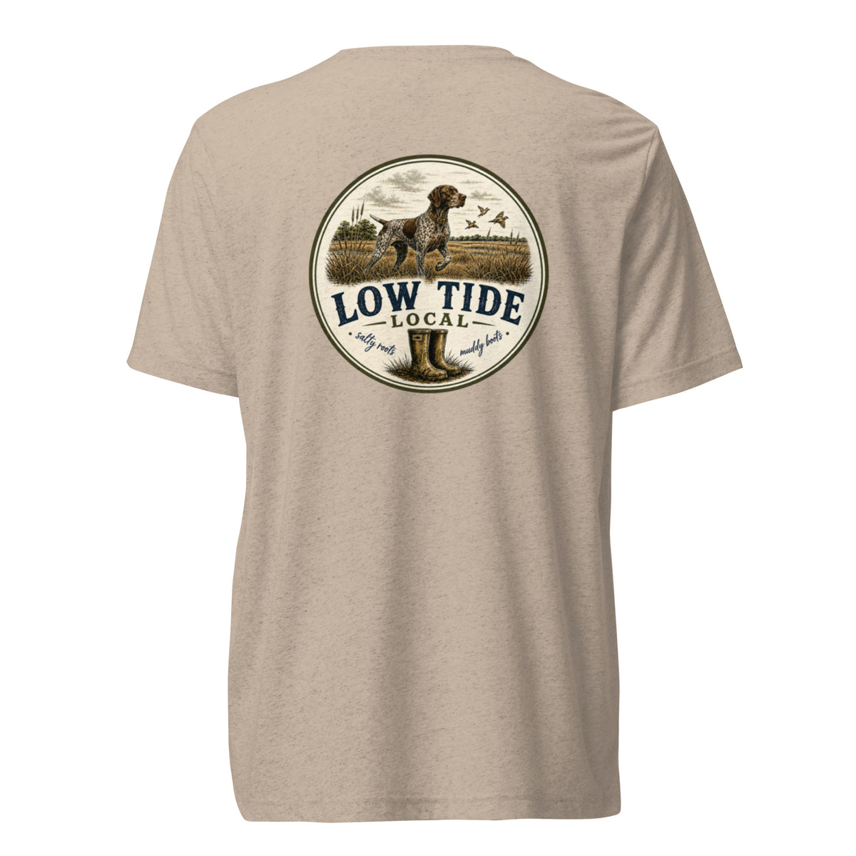Low Tide Local Shorthair Pointer Tee in Tan triblend — back view