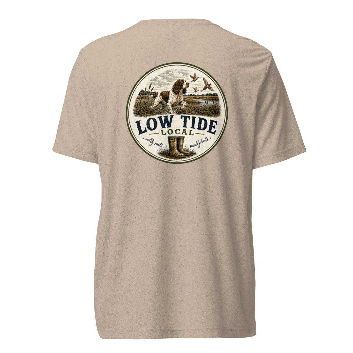 Low Tide Local Springer Flush Tee in Tan triblend — back view