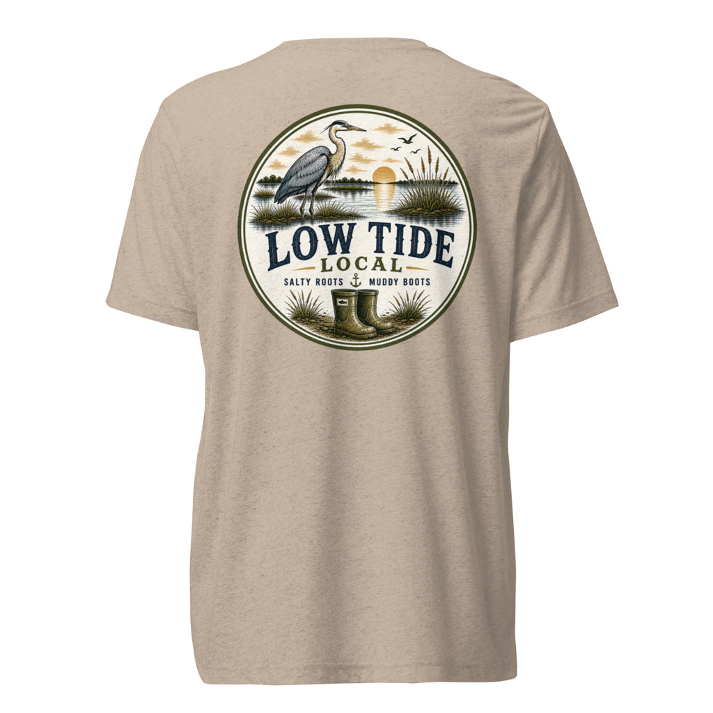 Low Tide Local Heron Tee in Tan triblend — back view