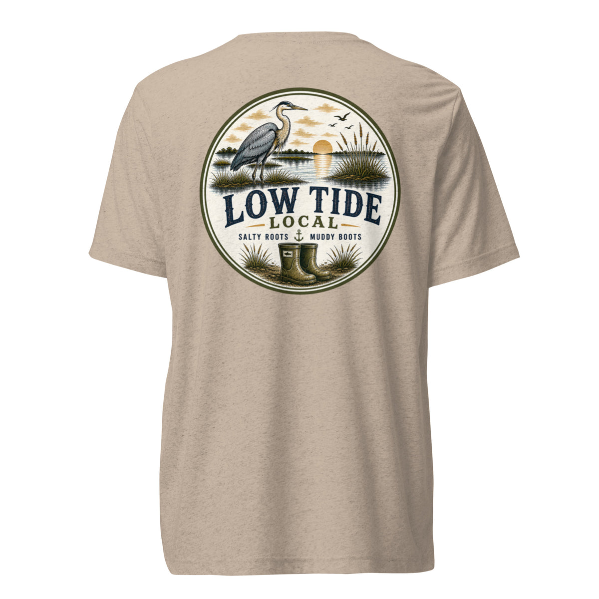 Low Tide Local Heron Tee in Tan triblend — back view