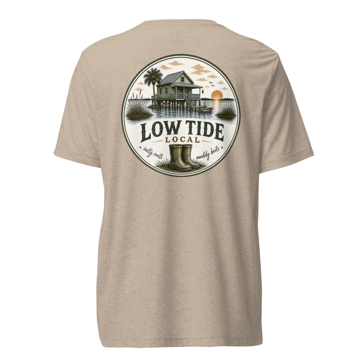 Low Tide Local Fish Camp Tee in Tan triblend — back view