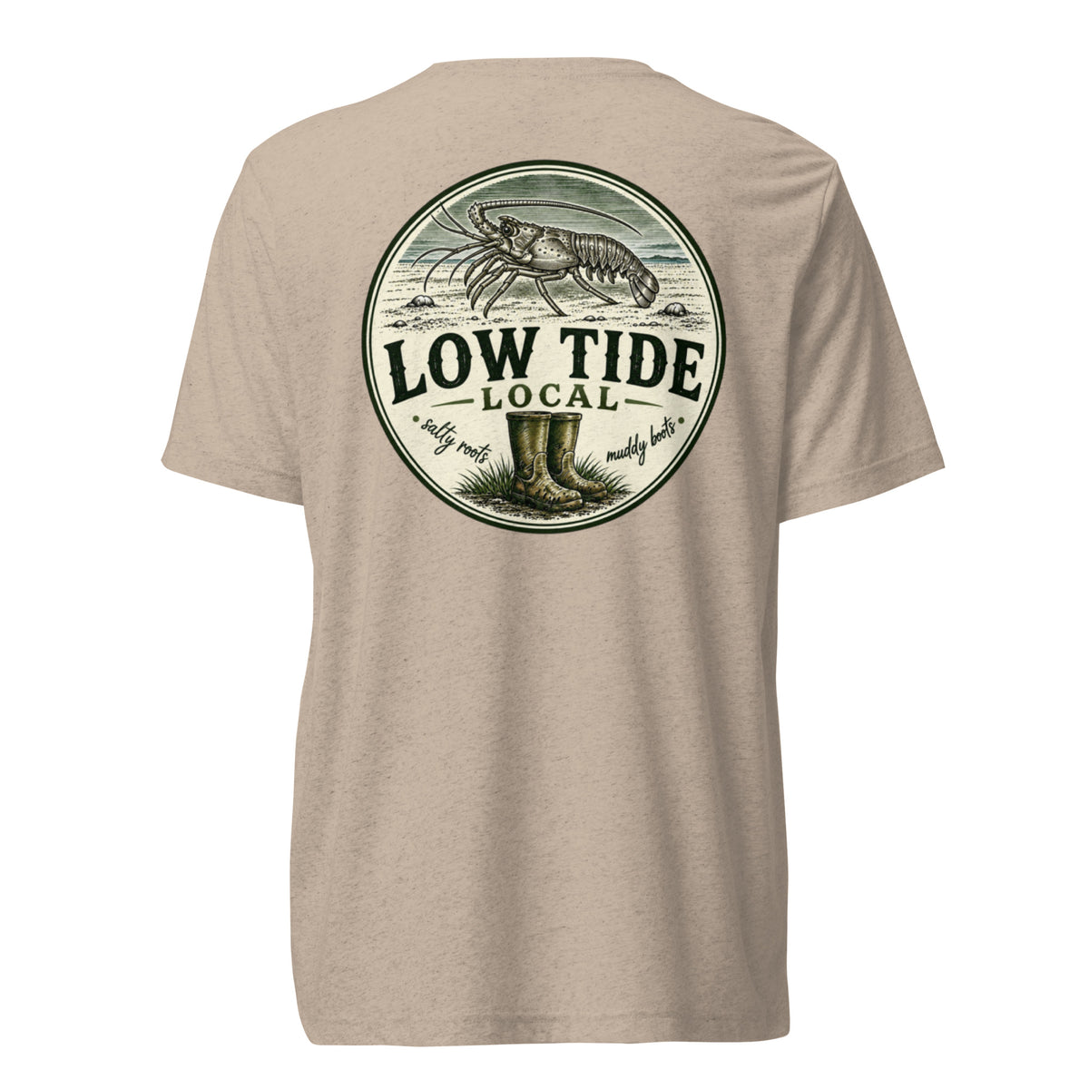 Low Tide Local Spiny Lobster Tee in Tan triblend — back view