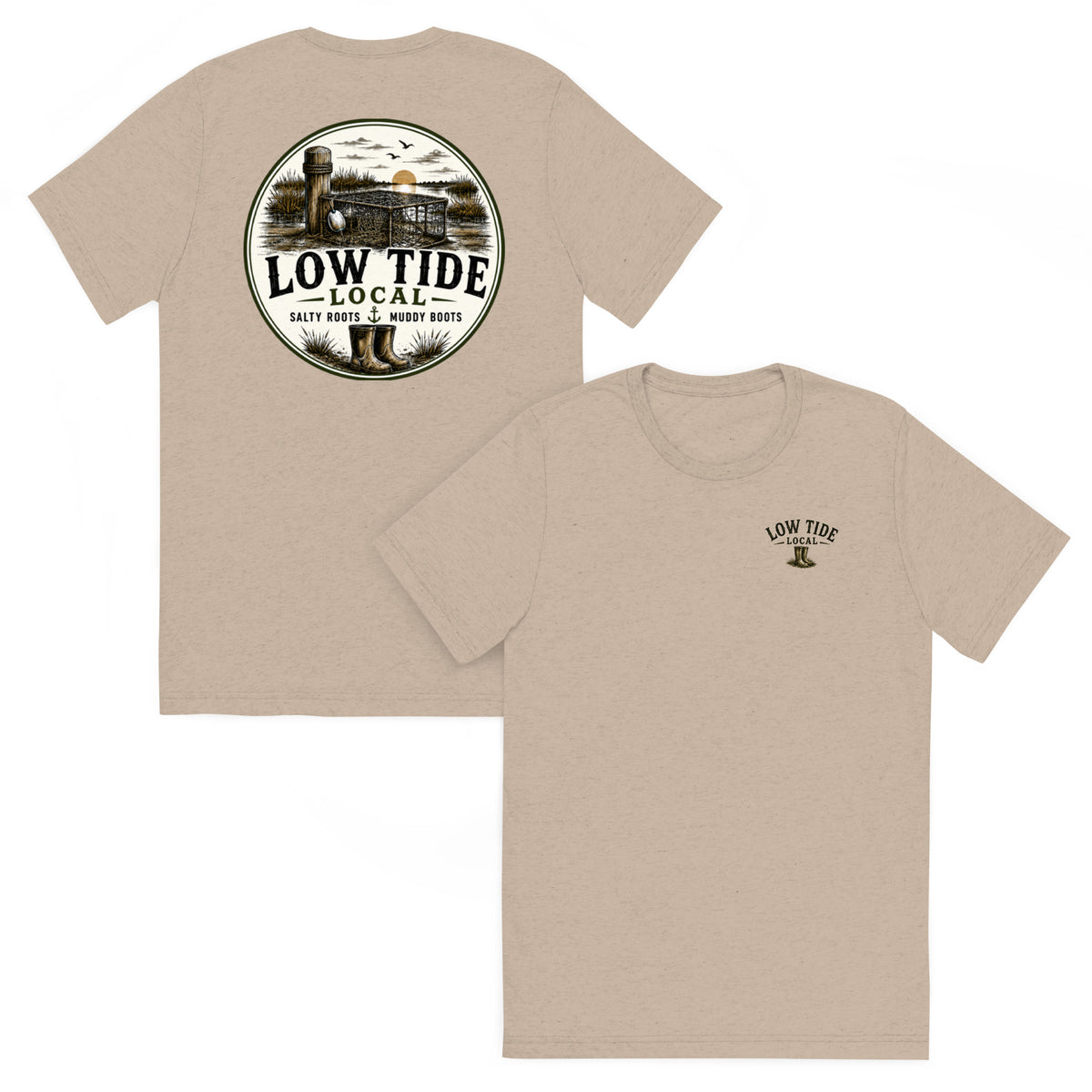The Low Tide Local Crab Trap Tee in Tan triblend — front and back view