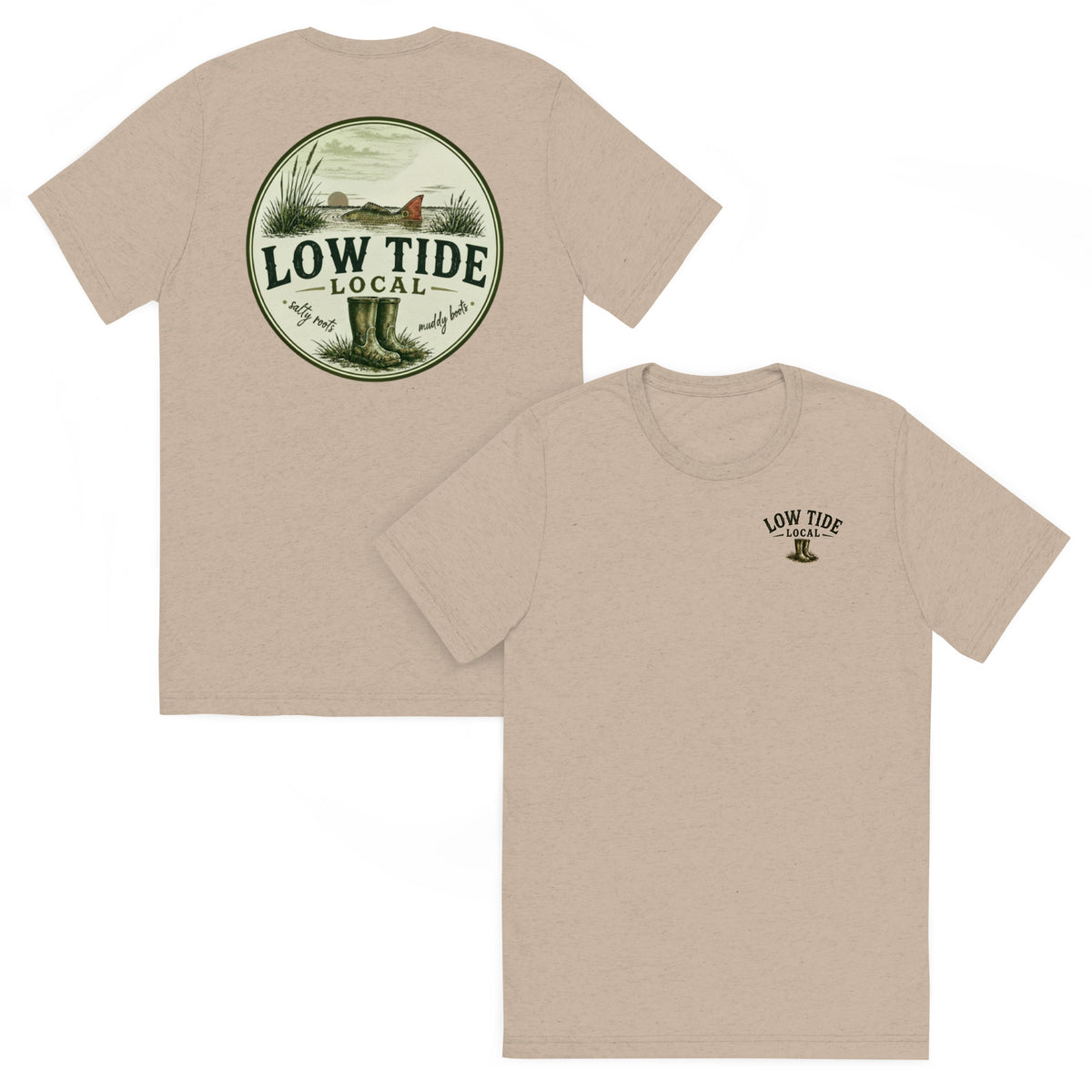 Low Tide Local Backcountry Red Tee in Tan triblend — front and back view