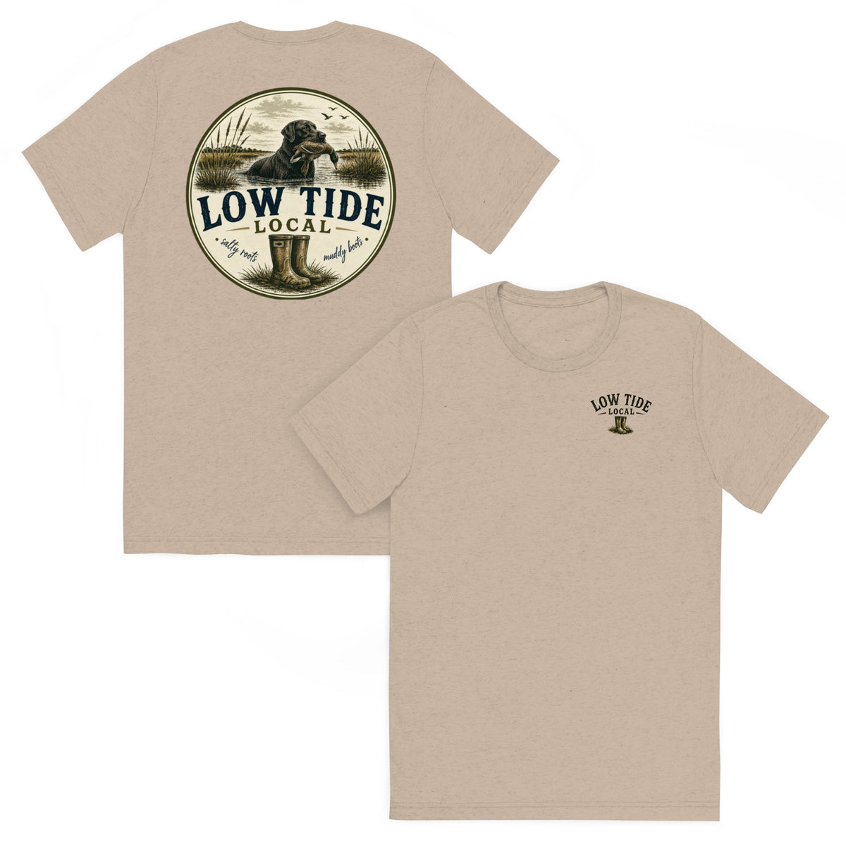 Low Tide Local Marsh Retriever Tee in Tan triblend — front and back view