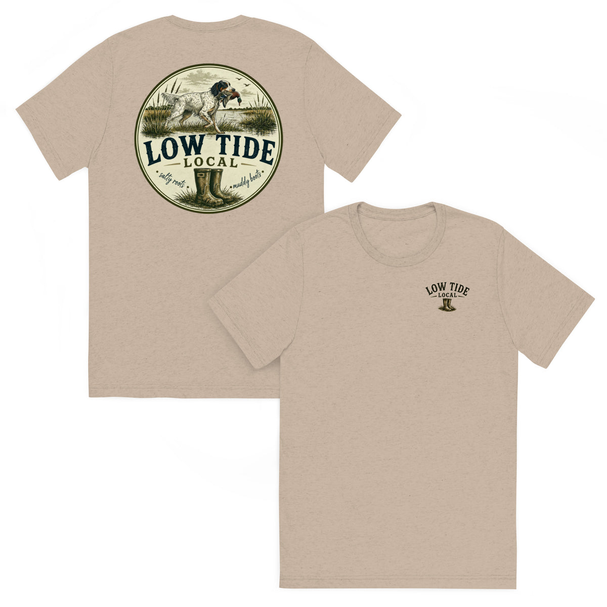 Low Tide Local English Setter Tee in Tan triblend — front and back view