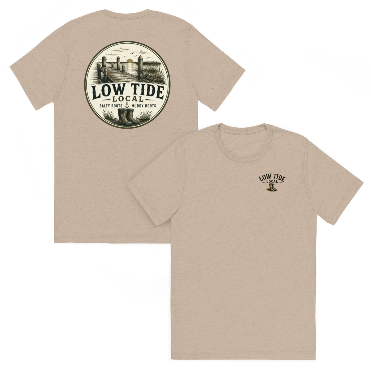 Low Tide Local Marsh Pointer Tee in Tan triblend — front and back view
