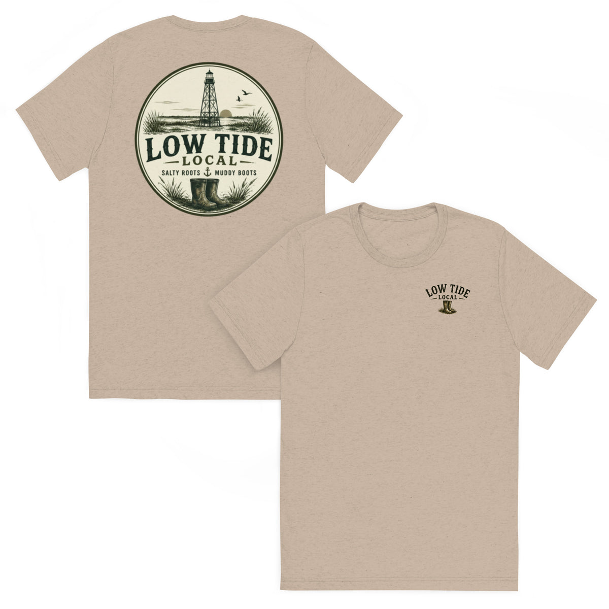 Alligator Reef Lighthouse Tee in Tan triblend — front and back view