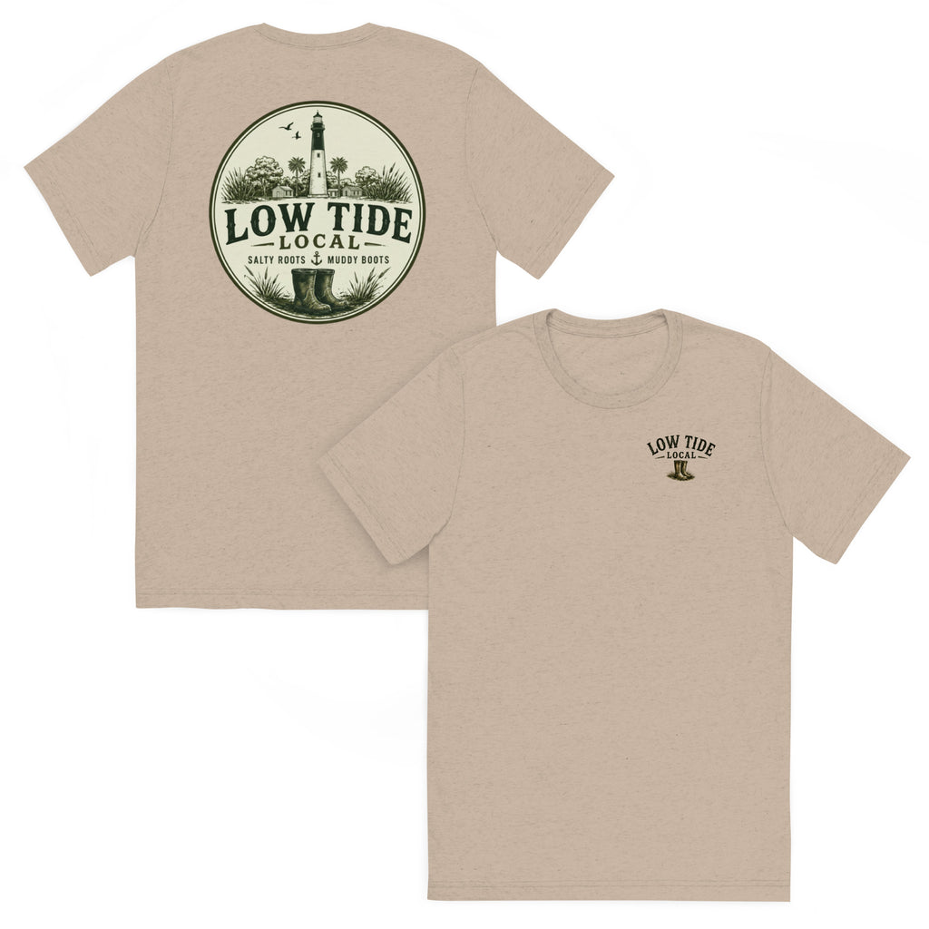 Hunting Island Lighthouse Tee in Tan triblend — front and back view