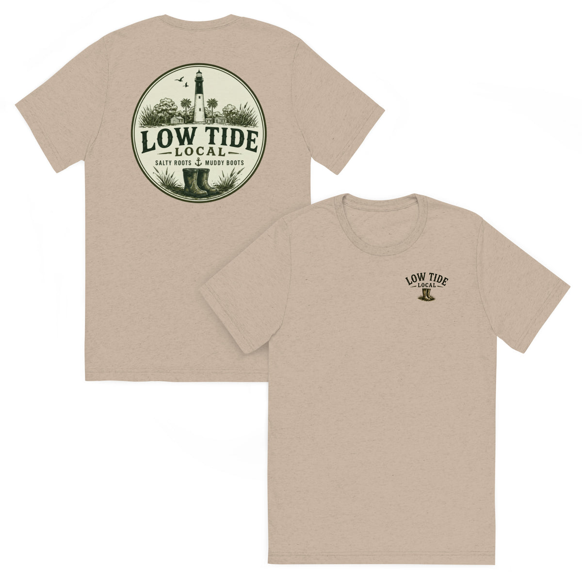 Hunting Island Lighthouse Tee in Tan triblend — front and back view
