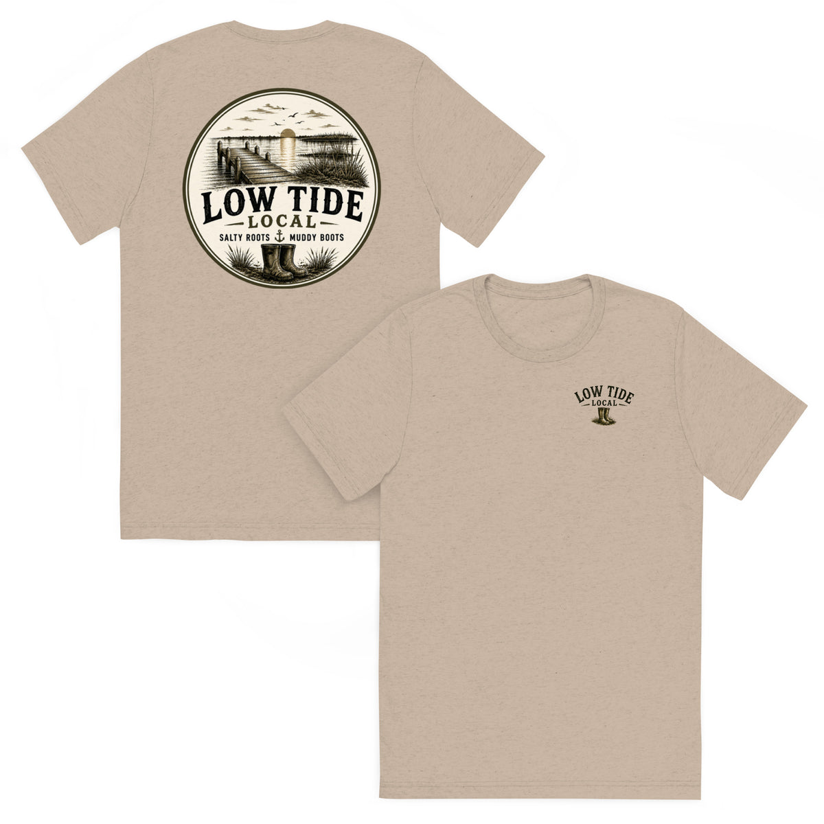Low Tide Local Marsh Dock Tee in Tan triblend — front and back view