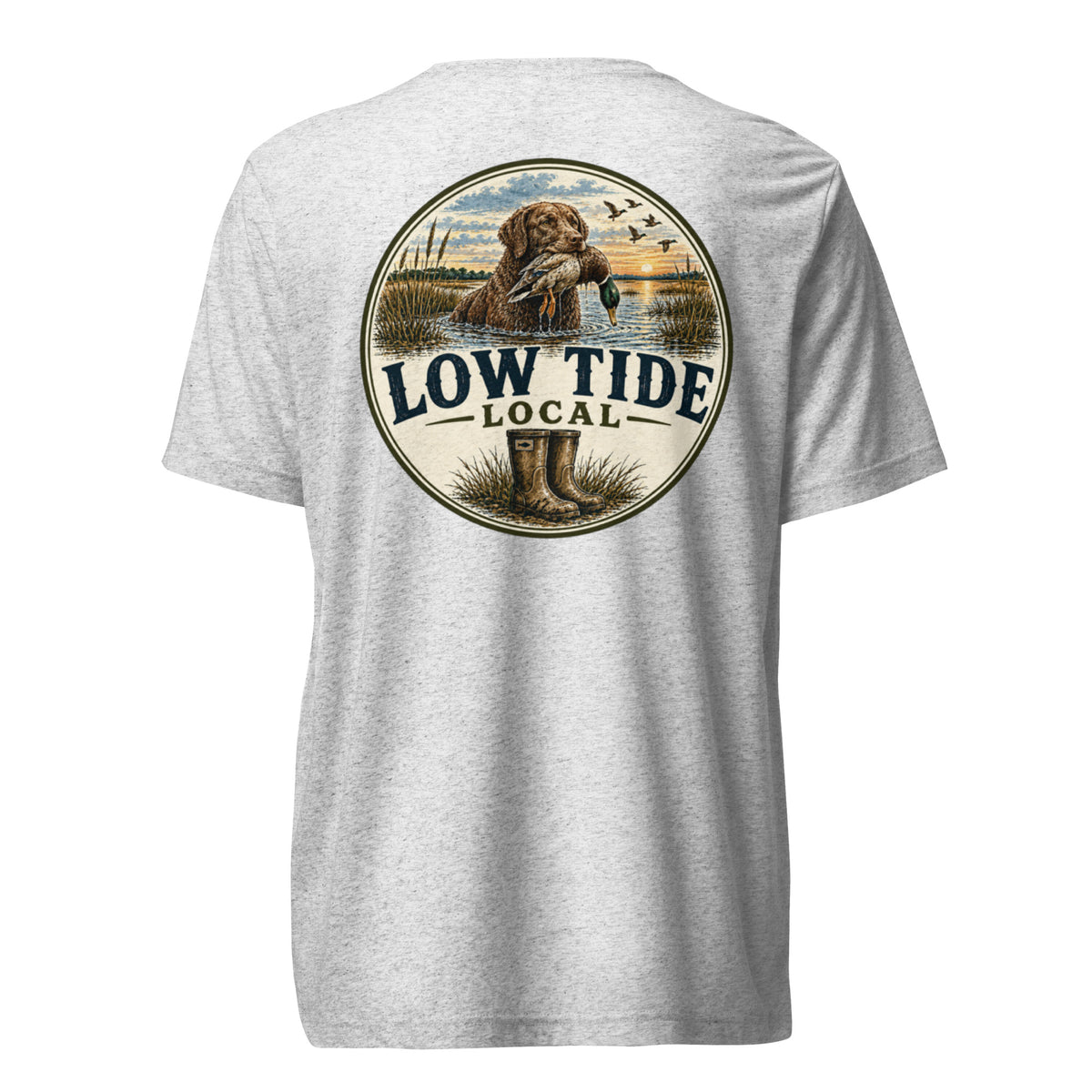 Low Tide Local Boykin Watch Tee in White Fleck triblend — back view