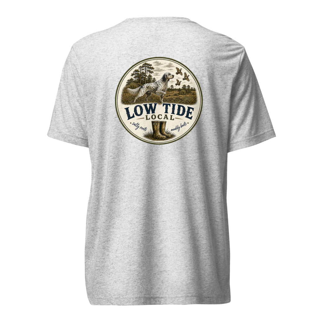 Low Tide Local Setter's Stand Tee in White Fleck triblend — back view