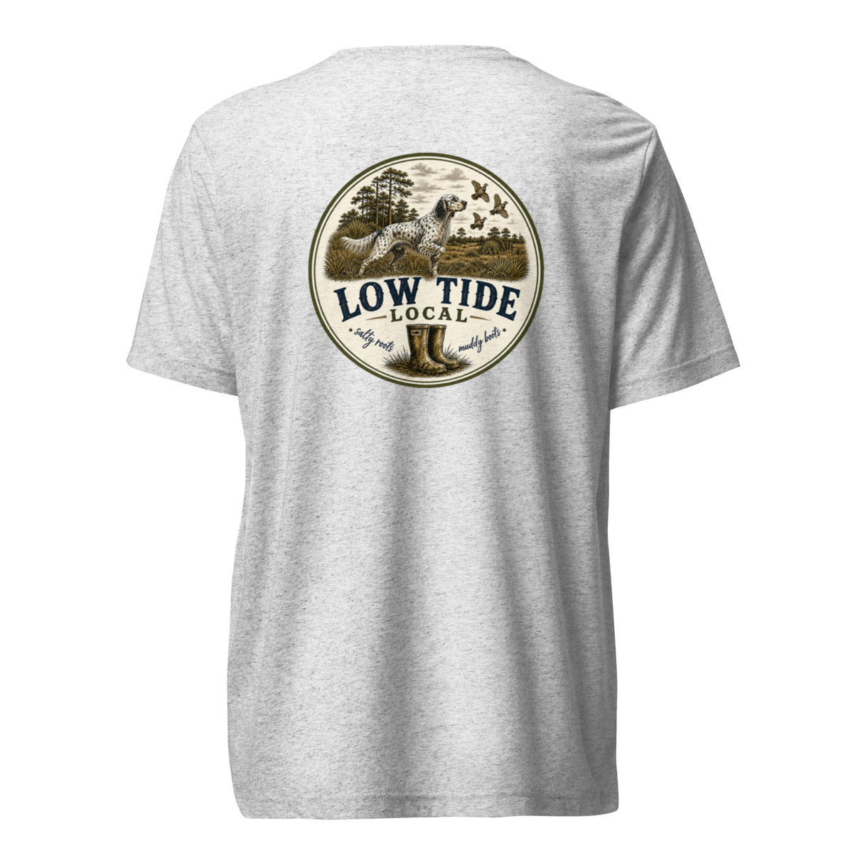 Low Tide Local Setter's Stand Tee in White Fleck triblend — back view
